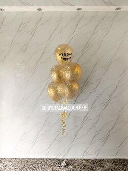 ลูกโป่ง Welcome Home ช่อลูกโป่งใส ใส่กลิตเตอร์ทอง ช่อ 5 ลูก 1 ช่อ พร้อมตกแต่ง สามารถเปลี่ยนสีลูกโป่ง/เปลี่ยนข้อความได้