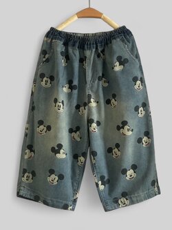 กางเกงยีนส์ขาสามส่วนลายมิ้กกี้