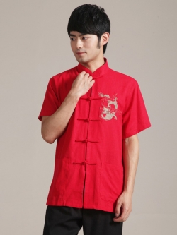 Pre-order ชุดจีน เสื้อจีนชาย แขนสั้น ผ้าฝ้าย สีแดง ปักลายมังกร