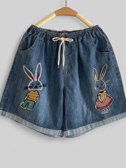 กางเกงยีนส์ขาสั้นลายปักกระต่าย