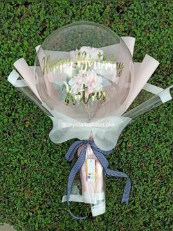 Flower Balloon Happy Birthday ดอกกุหลาบประดิษฐ์ Bubble ขนาด 18" พร้อมตกแต่ง สามารถใส่รูปได้ 1 ใบ,สามารถใส่เงินได้ 30 ใบ สามารถเปลี่ยนข้อความ/เปลี่ยนสีได้