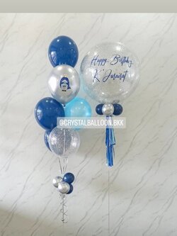 ลูกโป่ง วันเกิด Bubble ขนาด 24" กลิตเตอร์สีเงิน 1 ลูก พร้อม ช่อลูกโป่ง ช่อ 7 ลูก 1 ช่อ Theme Dark Blue-เงินโครเมี่ยม พร้อมตกแต่ง สามารถเปลี่ยนสีลูกโป่ง/เปลี่ยนข้อความ/เปลี่ยนขนาดได้