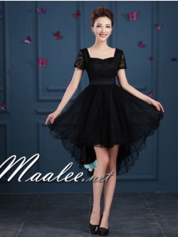 พร้อมเช่า ชุดราตรี สีดำ ลูกไม้ฉลุ กระโปรงหน้าสั้นหลังยาว 2XL- 6XL (เชือกผูกหลัง)