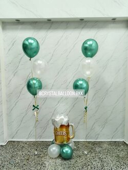 ลูกโป่ง วันเกิด ช่อลูกโป่ง 3 ลูก 2 ช่อ ธีมเขียว-ขาว พร้อมตกแต่ง ฟอยล์แก้วเบียร์ ตั้งฐาน 1 ชิ้น สามารถเปลี่ยนสีลูกโป่ง/เปลี่ยนฟอยล์ตกแต่งได้