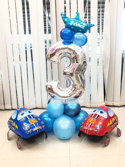 ลูกโป่ง วันเกิดเด็ก ฟอยล์ตัวเลข ขนาด 40" ตั้งฐาน 1 ชิ้น พร้อม ฟอยล์รถแข่งลากจูง 2 ชิ้น พร้อมตกเเต่ง สามารถเปลี่ยนสีลูกโป่ง/เปลี่ยนสี-ฟอยล์ตัวเลข/เปลี่ยนฟอยล์ตกแต่งได้