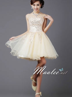 พร้อมเช่า ชุดราตรีสั้น เกาะอก สีครีม Champagne กระโปรงสุ่ม อกปักเลื่อมสวยวิบวับ