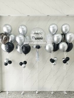 ลูกโป่ง Bubble ขนาด 24" สีเงิน , ลูกโป่ง ช่อ 5 ลูก 4 ช่อ,ลูกโป่งลายหิน ธีมสีเงิน-ดำ พร้อมตกเเต่ง สามารถเปลี่ยนสีลูกโป่ง/เปลี่ยนข้อความ/เปลี่ยนขนาดได้
