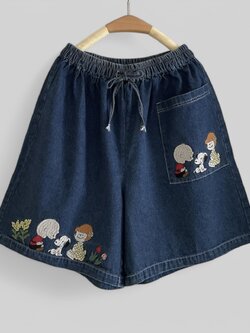 กางเกงขาสั้นยีนส์ลายปักแต่งกระเป๋า