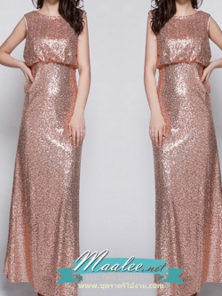 พร้อมเช่า ชุดราตรีแนวGatsby ปักเลื่อม แขนกุดเข้ารูป ออกงานกลางคืน ด้านหลังเป็นซีทรูแนวเซ็กซี่ สีชมพูโรสโกลด์(ซิปหลัง)