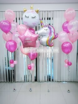 ลูกโป่ง วันเกิดเด็กหญิง Theme Unicorn พร้อม ช่อลูกโป่ง ช่อ 7 ลูก 3 ช่อ พร้อม ฟอยล์ Unicorn ใหญ่ ลอย 1 ชิ้น พร้อมตกเเต่ง สามารถเปลี่ยนสีลูกโป่ง/เปลี่ยนข้อความ/เปลี่ยนฟอยล์ตกแต่งได้