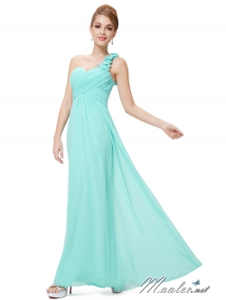 พร้อมเช่า สำหรับสาวไซส์ใหญ่ ชุดราตรียาว เกาะอก ไหล่เดียว สีฟ้า จับเดรปไขว่ช่วงหน้าอก แต่งดอกไม้ช่วงไหล่ (XL - 4XL)