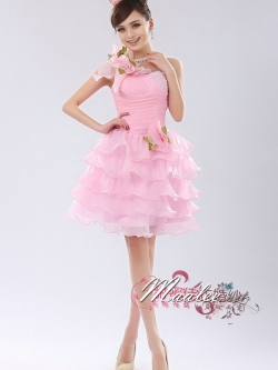 พร้อมเช่า ชุดแฟนซี ชุดราตรีสั้น ไหล่เฉียง กระโปรงระบาย ผ้าแก้ว แต่งดอกไม้สวยหวาน สีชมพู