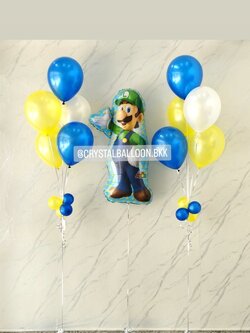 ลูกโป่ง วันเกิดเด็ก ฟอยล์มาริโอ้ 1 ชิ้น พร้อม ช่อลูกโป่ง ช่อ 5 ลูก 2 ช่อ Theme สีน้ำเงิน-เหลือง พร้อมตกแต่ง สามารถเปลี่ยนสีลูกโป่ง/เปลี่ยนฟอยล์ตกแต่งได้
