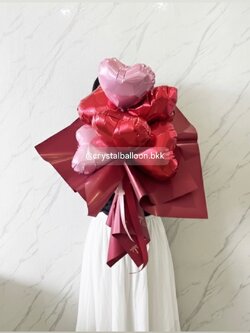Flower Balloon ช่อลูกโป่งฟอยล์หัวใจ 10" 6ชิ้น ,พร้อมตกแต่ง สามารถเปลี่ยนข้อความ/เปลี่ยนสีฟอยล์หัวใจได้ / เปลี่ยนสีกระดาษห่อได้