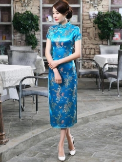 Pre-order กี่เพ้า สีฟ้า ลายมังกรนกฟินิกซ์ ผ้าไหมจีน กุ๊นขอบ ตัดเย็บอย่างดี