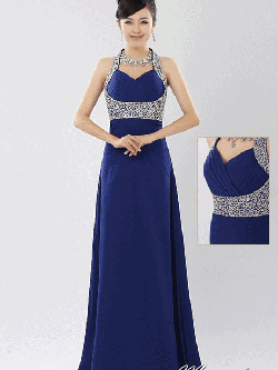 พร้อมส่ง ชุดราตรียาว สีน้ำเงิน แบบเก๋ คล้องคอ ช่วยยกเนินอกสวย