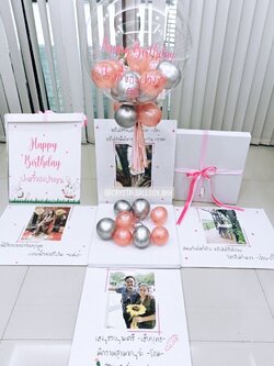 Happy Birthday Surprise Box กล่องเซอร์ไพรส์วันเกิด Bubble USA ขนาด 24" Theme สีชมพู พร้อมตกแต่ง สามารถใส่รูปได้ 4 ใบ สามารถเปลี่ยนสีลูกโป่ง/เปลี่ยนข้อความได้
