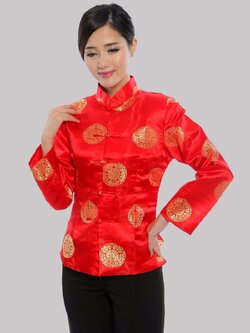 Pre-order เสื้อคอจีน ผู้หญิง ผ้าไหมจีน ทอลาย แขนยาว สีแดง
