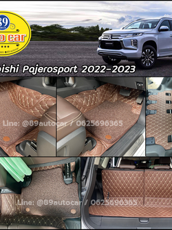พรมปูพื้นรถยนต์ Mitsubishi Pajerosport 2023 ปูพรมVVIP สีกาแฟด้ายทอง เสริมด้วยพรมไวนิลดักฝุ่นสีน้ำตาล