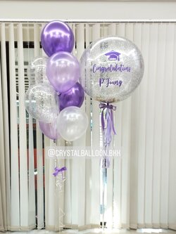 ลูกโป่ง รับปริญญา Bubble ขนาด 24" Theme สีม่วง พร้อม ช่อลูกโป่ง ช่อ 7 ลูก 1 ช่อ,ลูกโป่งใส ใส่กลิตเตอร์ พร้อมตกเเต่ง สามารถเปลี่ยนสีลูกโป่ง/เปลี่ยนข้อความ/เปลี่ยนขนาดได้