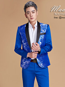 พร้อมเช่า ชุดสูทจีนชาย สีน้ำเงิน แต่งปกดำ ซาติน