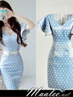 พร้อมส่ง ชุดเดรสสั้น แซก ลายจุด Polka dot สีฟ้า-ขาว แขนย้วย ผ้ามันนิดๆ