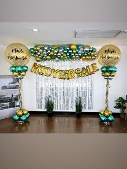 เสาลูกโป่ง เปิดงาน Bubble ขนาด 36" Theme เขียว-ทอง พร้อม Organic Backdrop 2 เมตร พร้อมตกแต่ง ฟอยล์ตัวอักษร 16" 11 ตัวอักษร,ม่านฟอยล์ 3 ชิ้น สามารถเปลี่ยนสีลูกโป่ง/เปลี่ยนข้อความ/เปลี่ยนสี-ม่านฟอยล์ได้