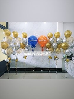 ลูกโป่ง เปิดงาน ลูกโป่งยาง 24" สีน้ำเงิน 1 ลูก,สีส้ม 1 ลูก พร้อมตกแต่ง ช่อลูกโป่งโครเมี่ยม 7 ลูก 6 ช่อ,ลูกโป่งใส ใส่กลิตเตอร์ สามารถเปลี่ยนสีลูกโป่ง/เปลี่ยนข้อความ/เปลี่ยนขนาดได้