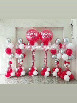 เสาลูกโป่ง เปิดงาน ลูกโป่งยาง ขนาด 36" สีแดง 2 เสา พร้อม เสาช่อลูกโป่ง ช่อ 10 ลูก 4 เสา Theme สีแดง-เงินโครเมี่ยม พร้อมตกแต่ง สามารถเปลี่ยนสีลูกโป่ง/เปลี่ยนข้อความได้