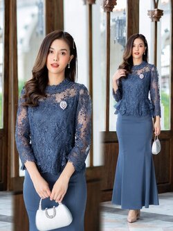 Pro-order ชุดเช่า ชุดไทยคุณแม่ เสื้อลูกไม้สีน้ำเงิน คอปีน ผ้าซิ่น แยกชิ้น เรียบหรู **สามารถเลือกเปลี่ยนกระโปรงแบบที่ต้องการได้**