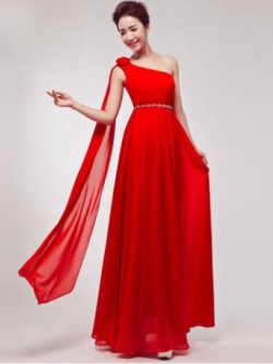 พร้อมเช่า ชุดราตรียาว ไหล่เดียว ผ้าชีฟองแต่งดอกที่ไหล่ เอวคาดเพชรสวย สีแดง