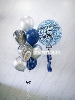 ลูกโป่ง วันเกิด Bubble ขนาด 24" คอนเฟตติน้ำเงิน พร้อมตกแต่ง ช่อลูกโป่ง 9 ลูก 1 ช่อ,ลูกโป่งลายหิน USA 2 ลูก สามารถเปลี่ยนสีลูกโป่ง/เปลี่ยนข้อความ/เปลี่ยนขนาดได้