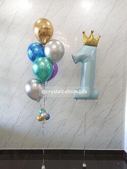 ลูกโป่งแบบช่อ 7 ลูก 1 ช่อ โครเมี่ยมหลากสี พร้อมลูกโป่งฟอยล์ตัวเลข 1 ลูก , พร้อมตกแต่ง สามารถเปลี่ยนสีลูกโป่ง/เปลี่ยนข้อความได้