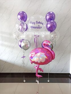 ลูกโป่ง วันเกิด Bubble ขนาด 24" กลิตเตอร์สีขาว พร้อม ช่อลูกโป่ง ช่อ 7 ลูก 2 ช่อ พร้อมตกแต่ง นกฟลาบิงโก้ใหญ่ 1 ชิ้น สามารถเปลี่ยนสีลูกโป่ง/เปลี่ยนข้อความ/เปลี่ยนขนาด/เปลี่ยนฟอยล์ตกแต่งได้