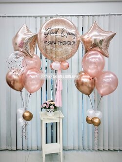 ลูกโป่ง Grand Opening Bubble ขนาด 24" สีโรสโกล พร้อมตกแต่ง ช่อลูกโป่งฟอยล์ดาว ขนาด 24" 2 ช่อ สามารถเปลี่ยนสีลูกโป่ง/เปลี่ยนข้อความ/เปลี่ยนขนาดได้