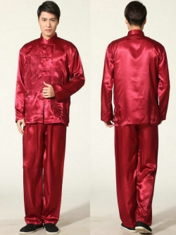 Pre-order ชุดจีน ชาย เสื้อพร้อมกางเกง สีแดง ปักลายมังกร