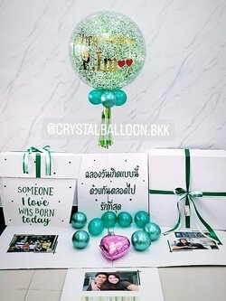 Happy Birthday Surprise Box กล่องเซอร์ไพรส์วันเกิด Bubble ขนาด 24'' Theme สีเขียว พร้อมตกแต่ง สามารถใส่รูปได้ 4 ใบ สามารถเปลี่ยนสีลลูกโป่ง/เปลี่ยนข้อความได้