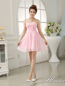 พร้อมส่ง ชุดเดรสสั้น เกาะอก จับสม๊อกด้านหลัง สีชมพู