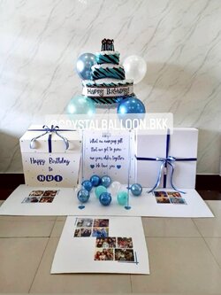 Surprised Box กล่องเซอร์ไพรส์วันเกิด ลูกโป่ง 4 ลูก ฟอยล์รูปเค้ก 1 ชิ้น พร้อมตกแต่ง สามารถใส่รูปได้ 4 รูป สามารถเปลี่ยนสีลูกโป่ง/เปลี่ยนสี-ฟอยล์ตกแต่ง/เปลี่ยนข้อความได้