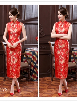 Pre-order กี่เพ้า แขนกุด สีแดง ลายหงส์ ผ้าไหมจีน กุ๊นขอบ ตัดเย็บอย่างดี