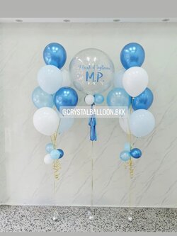 ลูกโป่ง วันครบรอบ Bubble ขนาด 24" กลิตเตอร์สีเงิน 1 ลูก พร้อม ช่อลูกโป่ง ช่อ 7 ลูก 2 ช่อ Theme สีฟ้า พร้อมตกแต่ง สามารถเปลี่ยนสีลูกโป่ง/เปลี่ยนข้อความ/เปลี่ยนขนาดได้