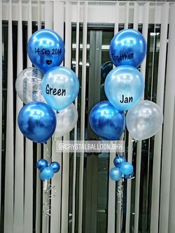 ลูกโป่ง วันครบรอบ ช่อลูกโป่ง ช่อ 5 ลูก 2 ช่อ พร้อมตกแต่ง โทนสีฟ้า-น้ำเงิน ลูกโป่งใส ใส่กลิตเตอร์ สามารถเปลี่ยนสีลูกโป่ง/เปลี่ยนข้อความได้