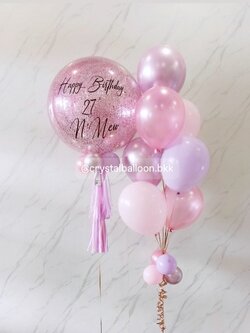 ลูกโป่ง วันเกิด Bubble ขนาด 24" กลิตเตอร์สีชมพู พร้อม ช่อลูกโป่ง ช่อ 7 ลูก 1 ช่อ Theme ชมพู - ม่วง พร้อมตกเเต่ง สามารถเปลี่ยนสีลูกโป่ง/เปลี่ยนข้อความ/เปลี่ยนขนาดได้