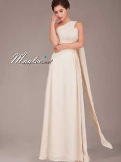พร้อมเช่า ชุดราตรียาว ชุดเพื่อนเจ้าสาว สีครีม Champagne ไหล่เดียวทิ้งชายด้านหลัง (เชือกผูกหลัง)