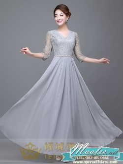 พร้อมเช่า สำหรับสาวไซส์ใหญ่ ชุดราตรียาว สีเทา แขนสามส่วน แต่งเม็ดกากเพชร ช่วงแขนผ้าโปร่ง สวยหรู คาดเข็มขัดช่วงเอว (XL-7XL)
