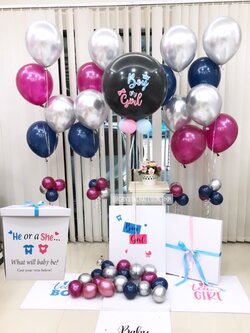 Gender Reveal ทายเพศ แบบกล่องเซอร์ไพรส์ Bubble ขนาด 24" สีดำ พร้อมตกแต่ง ช่อลูกโป่ง 4 ช่อ สามารถเปลี่ยนสีลูกโป่ง/เปลี่ยนข้อความได้