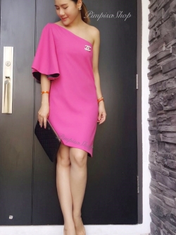 พร้อมส่ง ชุดออกงาน แบบเรียบหรู ปาดไหล่ สีชมพู บานเย็น ใส่ได้ทั้งงานเช้า งานเย็น