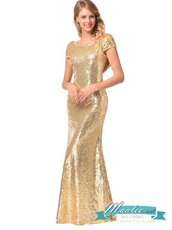 พร้อมเช่า ชุดราตรียาว งานกลิตเตอร์ สีทอง แขนสั้น กระโปรงหางปลา
