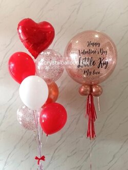 ลูกโป่ง Valentine Bubble ขนาด 24" กลิตเตอร์สีโรสโกล 1 ลูก พร้อม ช่อลูกโป่งฟอยล์หัวใจ ขนาด 18" ช่อ 7 ลูก 1 ช่อ พร้อมตกแต่ง สามารถเปลี่ยนสีลูกโป่ง/เปลี่ยนข้อความ/เปลี่ยนขนาด/เปลี่ยนชนิดอกไม้ได้
