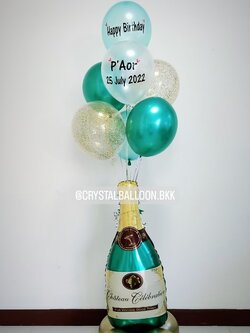 ลูกโป่ง วันเกิด ฟอยล์ขวดไวน์สีเขียว ตั้งฐาน พร้อมตกแต่ง ช่อลูกโป่ง 7 ลูก 1 ช่อ,ลูกโป่งใส ใส่กลิตเตอร์ สามารถเปลี่ยนสีลูกโป่ง/เปลี่ยนข้อความ/เปลี่ยนฟอยล์ตกแต่งได้
